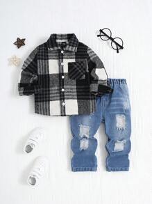 Infant Boys 2pcs/Set Casual Loose Plaid Shirt & Loose Ripped Tapered Jeans Pants, Simple Fashion Versatile Design For Daily Wear