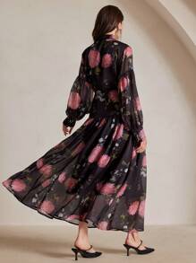 Anewsta Robe évasée à manches longues évasées avec imprimé floral plissé pour femmes, robe ample élégante de mode - Noir - Voir 2