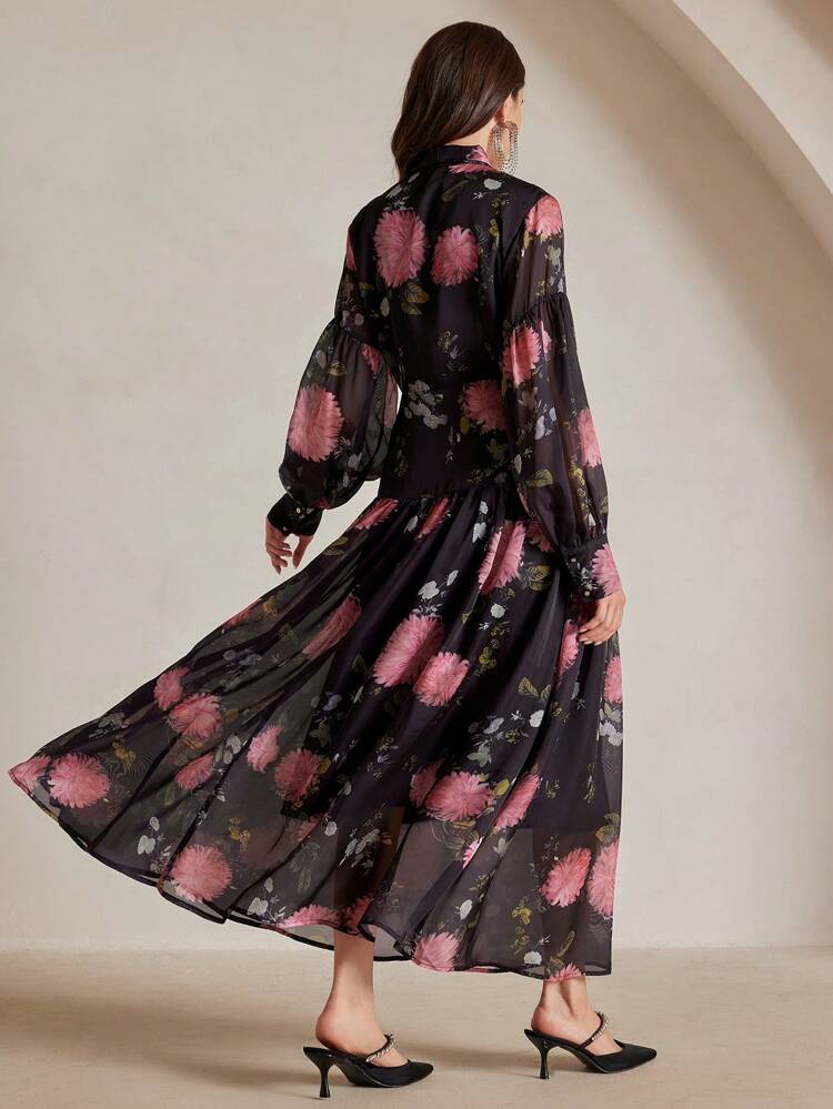 Women's New Pleated Floral Print A-Line Dress With Flared Long Sleeves, Elegant Fashion Loose Dress