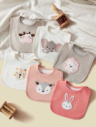 6 件装女宝宝彩色刺绣动物图案围兜，可爱卡通出牙口水巾，粉色