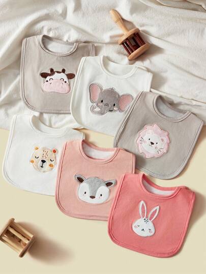 6pcs Baby Girls Colorful Embroidered Animals Pattern Bibs, Cute Cartoon Teething Drool Towels, Pink