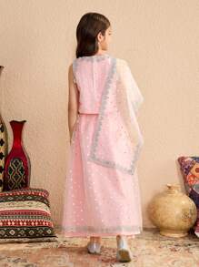 2pcs/Set Tween Girl Round Neck Sleeveless Embroidered Top And Skirt - Green - View 2