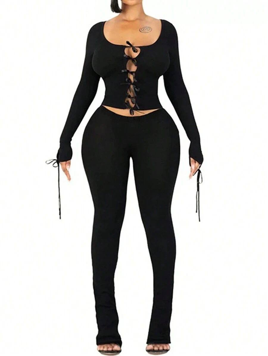 SHEIN EZwear 2 件套大码女式蝴蝶结装饰前系带长袖上衣和裤子套装 - 黑色 - 查看 1