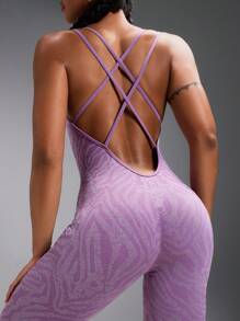 Powerista Letter Printed Open Back Seamless Camisole Romper - Violet Purple - View 1