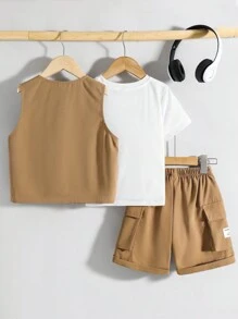 SHEIN 1 Set Of 3 Tween Boy Street Casual Workwear Pocket Vest, T-Shirt And Shorts, Suitable For Commuting, School, Casual Daily, Sports, Spring & Summer
