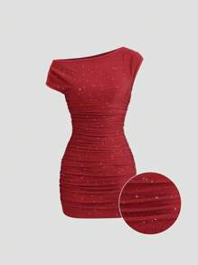 Sweetra Vestido de fiesta de un hombro sin espalda entallado para mujer, vestido mini sexy de un hombro rojo asimétrico y fruncido de lujo