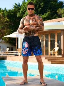 Surfspeed Men's Skull & Flame Print Drawstring Waist Beach Shorts - Blue - View 3