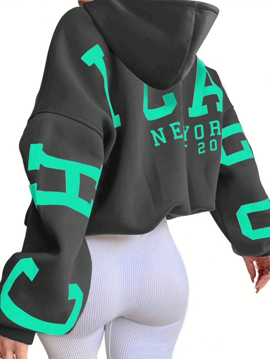 INAWLY Áo nỉ trùm đầu in chữ thả vai cho nữ, Thu/Đông - Màu xám đen - Xem 1