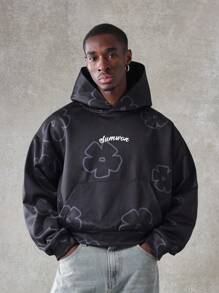 SUMWON Sumwon Floral Print Pullover Hoodie Streetwear Casual Athletic Sweatshirt With Kangaroo Pocket Urban Fashion Drawstring Hood Fall Winter Comfort Essential