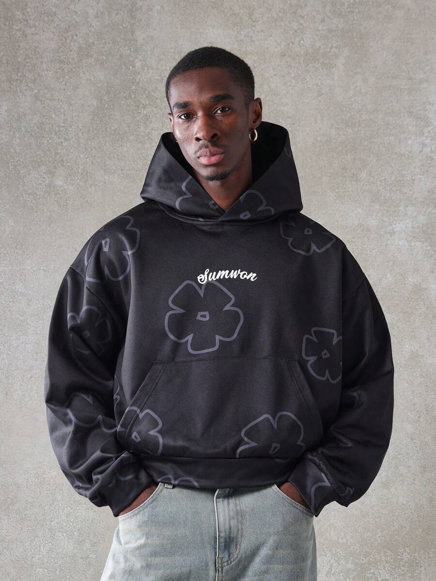 SUMWON Sumwon Floral Print Pullover Hoodie Streetwear Casual Athletic Sweatshirt With Kangaroo Pocket Urban Fashion Drawstring Hood Fall Winter Comfort Essential