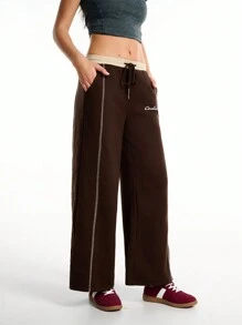 SHEIN EZwear Women's Spring/Summer Back To School Game Day Knit Contrast Piping Comfortable Brown Straight Leg Wide Leg Sweatpants