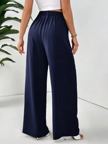 SHEIN Essnce Women's Casual Versatile Solid Color Wide Leg Pants - Navy Blue - View 2
