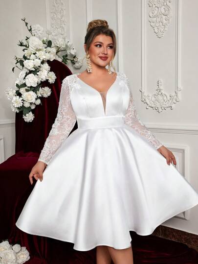 Glamrae 加大码优雅简约白色缎面精致弹力蕾丝拼接深 V 领喇叭形婚纱/派对礼服、新娘送礼会礼服、小白裙、新娘