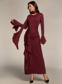 Modelyn 女士纯色圆领喇叭袖优雅长裙长款晚礼服 - 酒紅色 - 查看 5