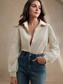 Anewsta 时尚优雅串珠花卉灯笼袖褶皱女式衬衫，非常适合情人节、度假和新年 - 杏色 - 查看 5