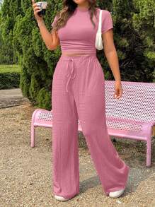 SHEIN EZwear Plus Size Textured Knit T-Shirt And Pants 2 Pieces Set With Drawstring, Casual