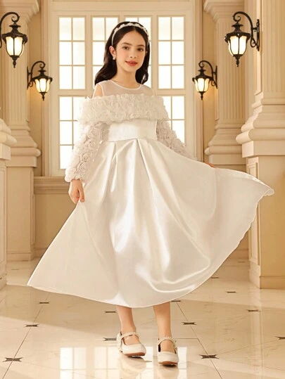 青少年女孩纯色 3D 花卉装饰露肩长袖优雅连衣裙