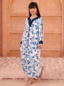 Tween Girls Floral Print Contrast Lace Long Sleeve Dress - Blue - View 1