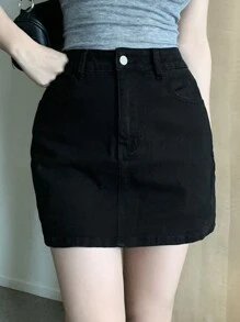 DAZY 女士紧身口袋短款黑色牛仔迷你裙，休闲牛仔裙 - 黑色 - 查看 4