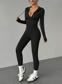 SHEIN Unity Women Solid Color Long Sleeve Slim Fit Front Zip Up Hooded Jumpsuit - Black - View 1