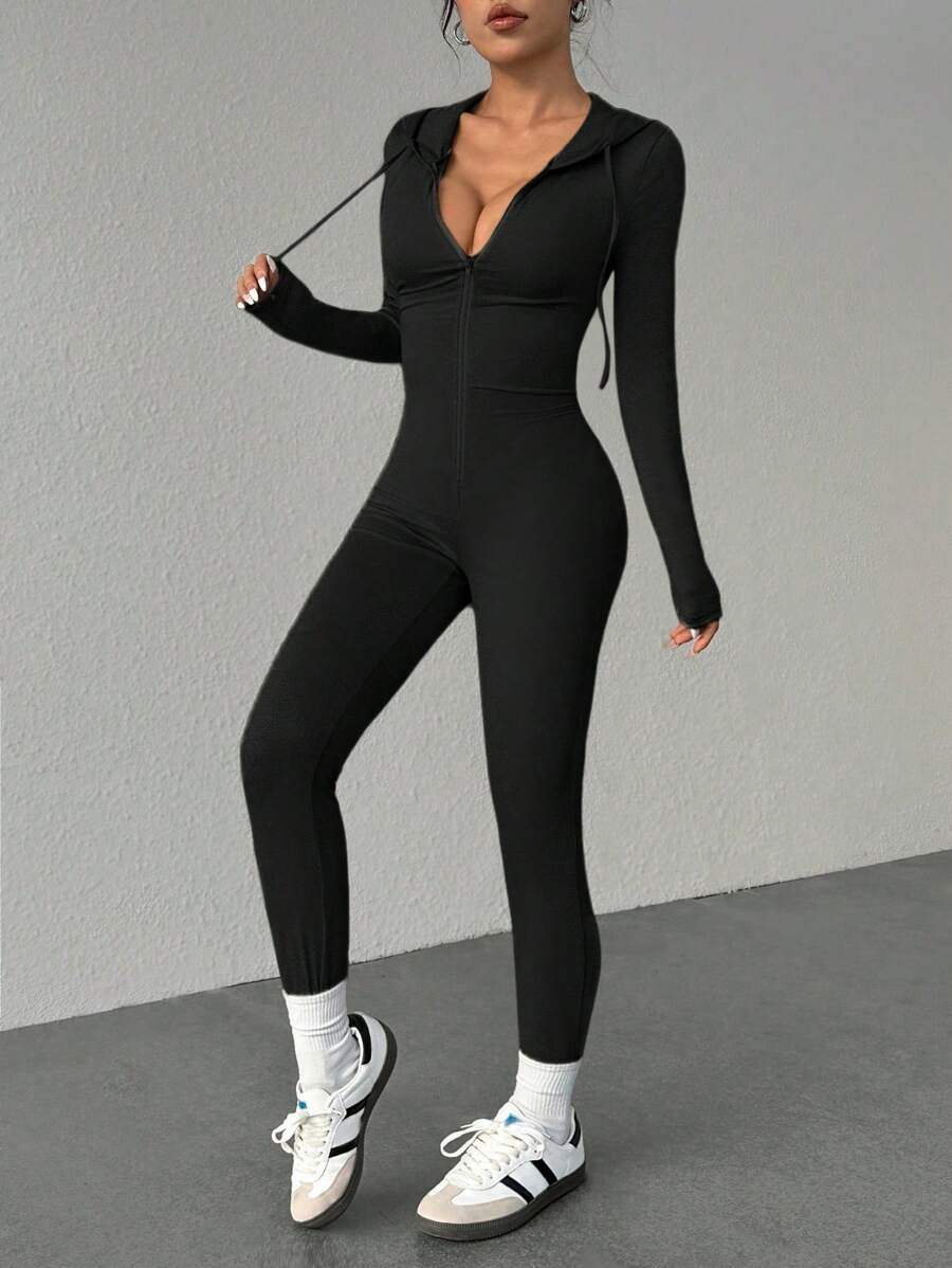 SHEIN Unity Women Solid Color Long Sleeve Slim Fit Front Zip Up Hooded Jumpsuit - Black - View 1