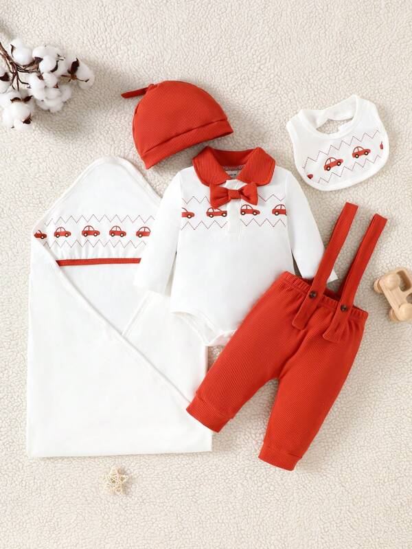 SHEIN Baby Jungen süßes gestricktes Outfit Geschenkset 5 Teile 0-9 Monate für Taufbekleidung
