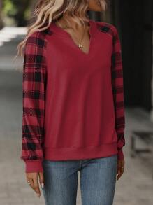EMERY ROSE Women Casual Plaid Patchwork Raglan Sleeve Crew Neck Sweatshirt