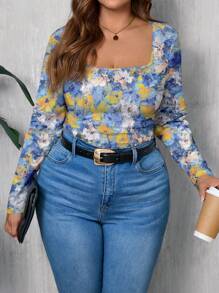 SHEIN LUNE Plus Size Casual Minimalist Allover Print Boxy Crew Neck T-Shirt - Multicolor - View 1