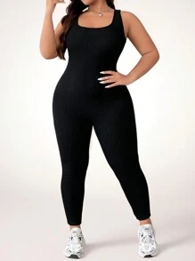 SHEIN CURVE+ Combinaison femme grande taille d'été à col carré de couleur unie - Noir - Voir 4