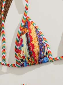 Swim Vcay Women's Elegant Boho Floral Retro Print Shiny Satin Fabric Halter Triangle Bikini Set, 2026 Glitter Sequined Trim Multi-Color Figure-Flattering High Cut Cheeky Two Pieces Swimwear With Braided Straps, Casual Bohemian Sparkle Texture Bikini For Summer Vacation Resort Wear, Holiday Outfits Pool Party Shimmery Boho Beachwear For Women - Multicolor - View 3