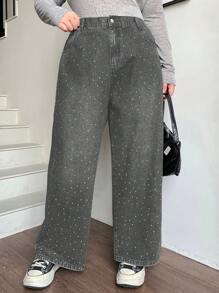 Dazy Plus Plus Size Loose Straight-Leg Long Design Rhinestone Denim Jeans, Suitable For All Seasons Sequin - Light Grey - View 6