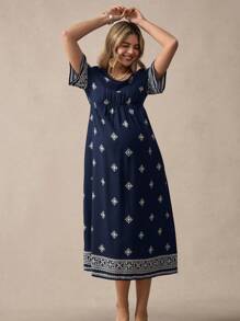 SHEIN Maternity Casual Allover Print Short Sleeve Dress - Navy Blue - View 5