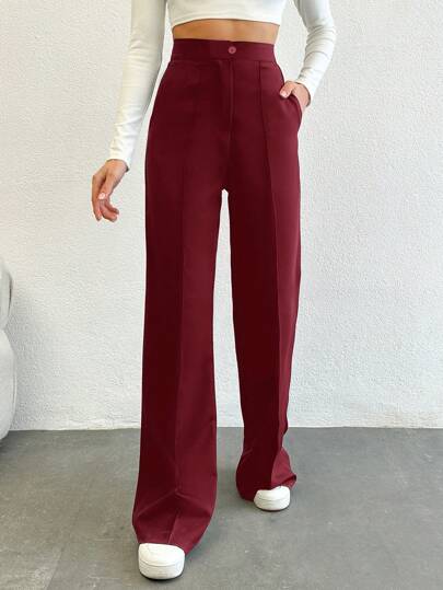SHEIN Pantalones con bolsillos para mujer talla grande, pantalones de traje de negocios con detalles de costura expuesta, unicolor burdeos relajado