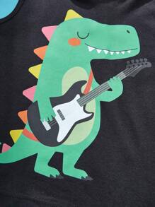 SHEIN 2 stuks jongens Street Fashion Casual Everyday All-Match schattige dinosaurus spelende gitaar print T-shirt & jeans set, geschikt voor buitenactiviteiten en muziekfestivals, lente/zomer