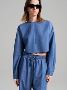 Ontre 2 件套女式 2025 新款仿牛仔围脖领落肩长袖上衣和裤子套装，短袖上衣配松紧腰修身裤，宽松舒适，休闲日常穿着，春夏，老钱风 - 藍色 - 查看 3