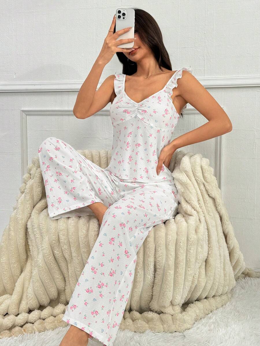 Women's Ditsy Floral Ruffle Hem Top And Long Pants Pajama Set - Beige - View 1