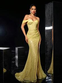 Glamrae Elegantes, romantisches, wunderschönes, sexy Kleid für Frühling und Sommer in Gelb mit Pailletten, Satinsteppung, Carmen-Ausschnitt, plissierter Taille, seitlichem Fließ, Fischschwanzsaum, geeignet für Urlaub, Geburtstagsfeiern, Dates, Abschlussbälle, formelle Dinner, Hochzeitsgäste, Abendkleider - Gelb - Übersicht 6
