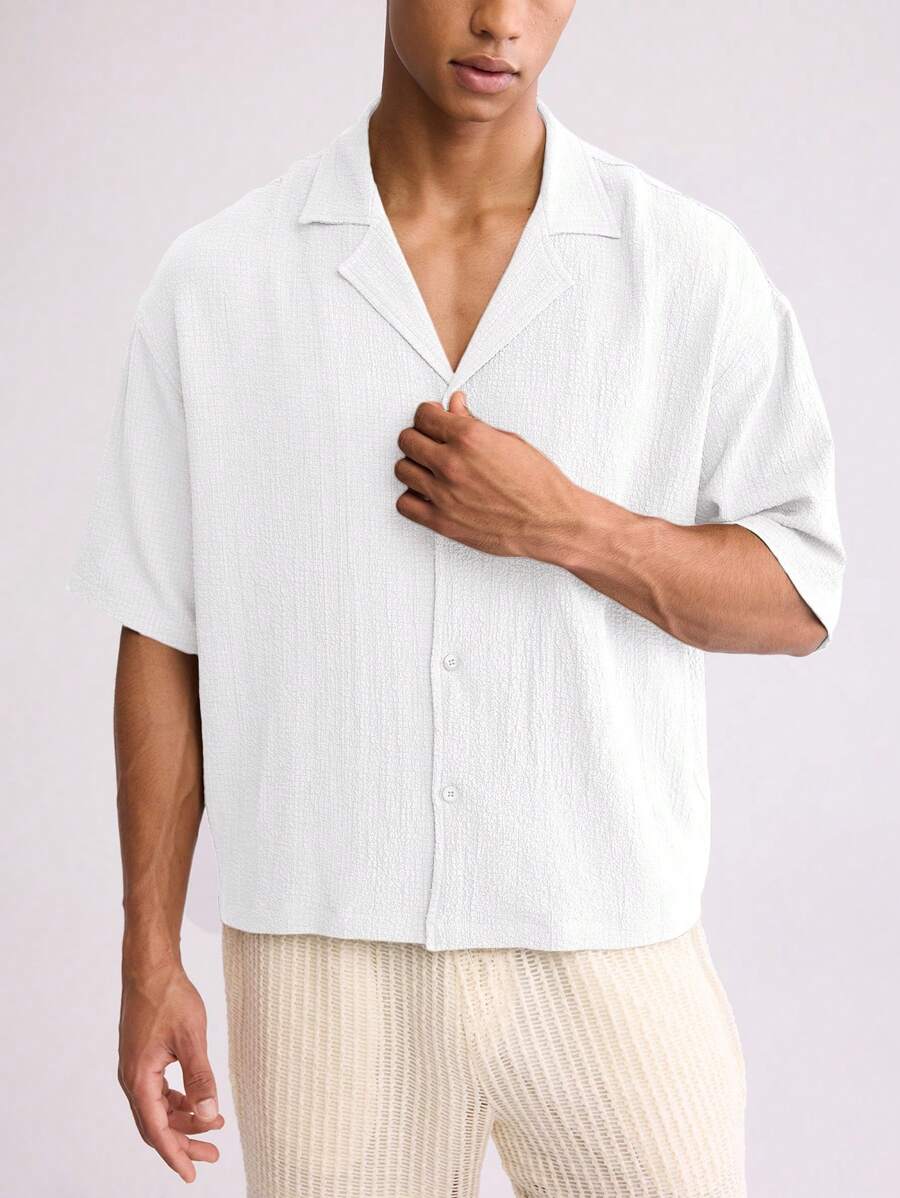 Forever 21 Áo sơ mi nam cắt gấu vuông rộng thùng thình seersucker màu xanh lá cây - trắng - Xem 1