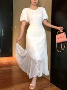 DAZY Women Tight Lace Crew Neck Waist Cinching Midi Dress - White - View 6