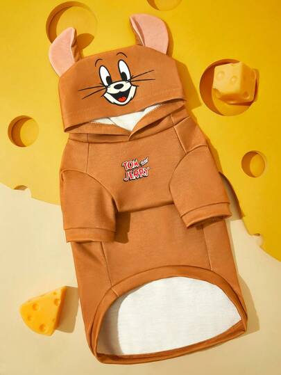 TOM & JERRY X SHEIN 1pc Cute Cartoon Graphic 3D Ear Hooded Pet Sweatshirt,Cat Clothes, Dog Clothes, Sizes XXS-XXXXL, Extra Small, Extra Large,Jerry