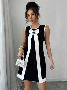 Elenzga 女士春夏针织弹力无袖圆领蝴蝶结 A 字短款休闲优雅黑白连衣裙 - 黑與白 - 查看 4