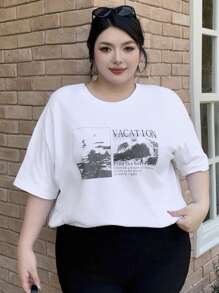 Dazy Plus Graphic Print Loose Round Neck Short Sleeve White T-Shirt, Spring/Summer - White - View 4