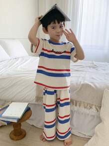 Dazy Kids 2 件套男童条纹圆领短袖上衣和裤子睡衣套装 - 米色 - 查看 8