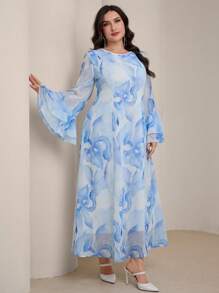 Graceveil Vestido modesto de talla grande con mangas abombadas, estampado floral de gasa y románico