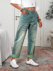 SHEIN LUNE Jeans de mezclilla sencilla y casual para uso diario de mujer - Verde - Ver 5