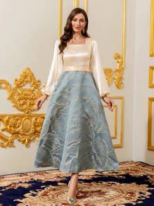 Modelyn Women's Floral Print Square Neck Lantern Sleeve Elegant Dress