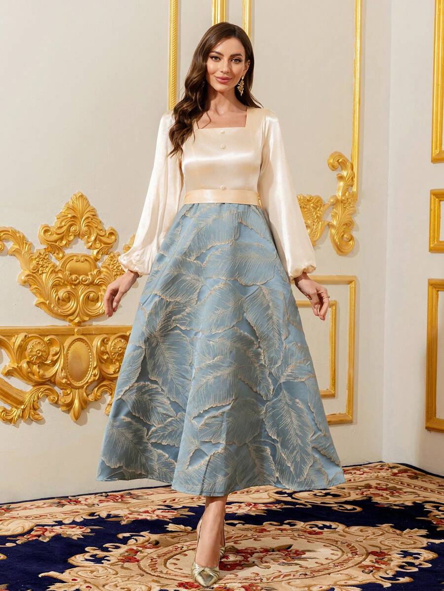 Modelyn Women's Floral Print Square Neck Lantern Sleeve Elegant Dress