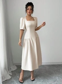 Elenzga Women's Spring/Summer French Elegant Casual/Office/Vacation Square Collar Waist Ruched A-Line Long Dress, Short Sleeve