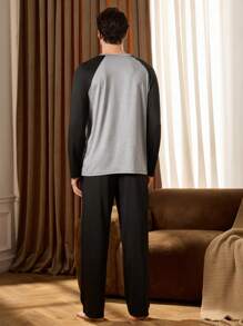 2pcs Men's Color Block Raglan Sleeve Top And Pants Loungewear Set