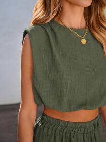 Vivid Eden Women's Solid Color Round Neck Top And Long Pants Two-Piece Set For Vacation
